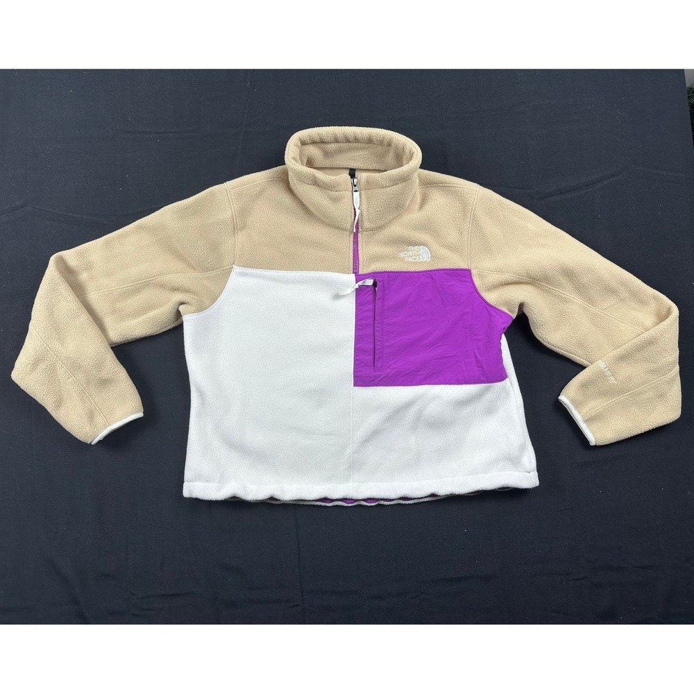 The North Face Womens Polartec Fleece Quarter Zip Jacket Tan White Purple Large